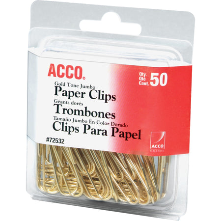 ACCO Paper Clips - Jumbo - 20 Sheet Capacity - Long Lasting, Durable - Gold - 50 / Pack