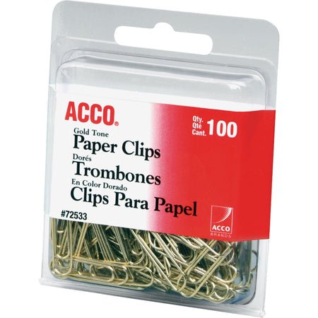 ACCO Paper Clips - No. 2 - 10 Sheet Capacity - Long Lasting, Durable - Gold - Metal - 100 / Pack