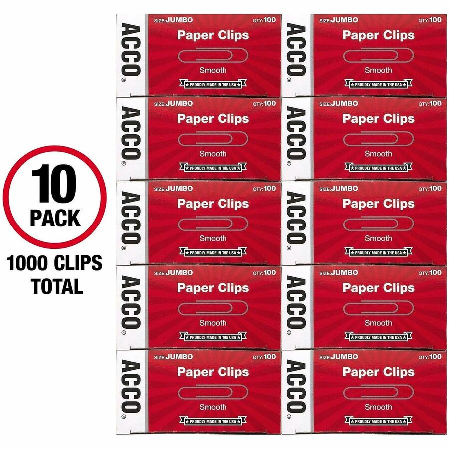 ACCO Economy Jumbo Smooth Paper Clips - Jumbo - 2" Length x 0.5" Width - 20 Sheet Capacity - Galvanized, Corrosion Resistant - Silver - Metal, Zinc Plated - 100/Box - 10 / Pack