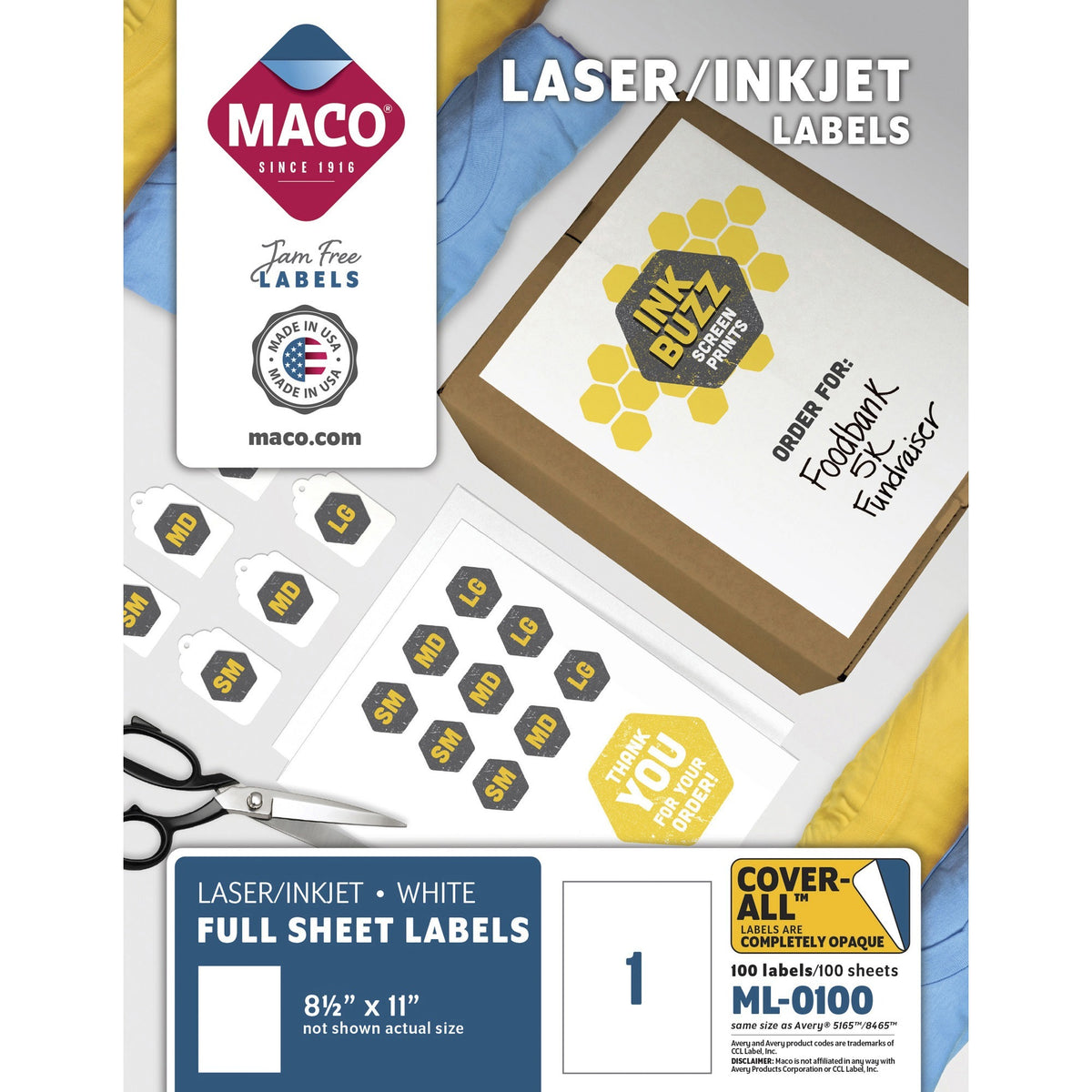 Maco White Full-sheet Shipping Labels - 8 1/2" Width x 11" Length - Rectangle - Laser, Inkjet - White - Lignin-free - 100 / Box