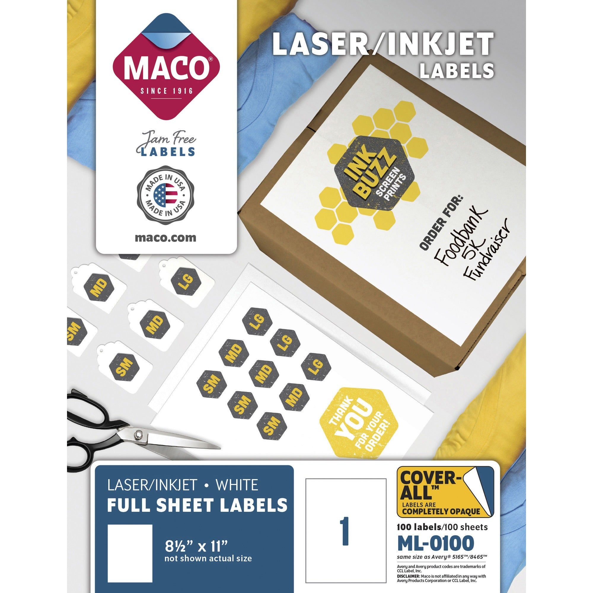 Maco White Full-sheet Shipping Labels - 8 1/2" Width x 11" Length - Rectangle - Laser, Inkjet - White - Lignin-free - 100 / Box