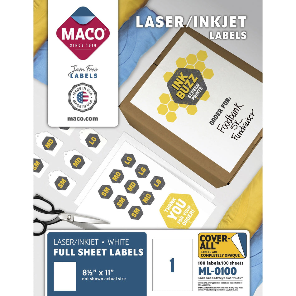 Maco White Full-sheet Shipping Labels - 8 1/2" Width x 11" Length - Rectangle - Laser, Inkjet - White - Lignin-free - 100 / Box