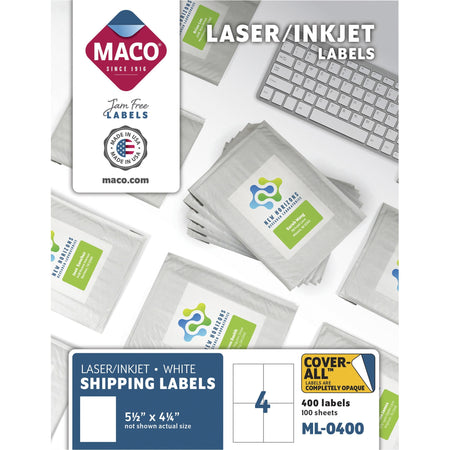 Maco White Shipping Labels - 5 1/2" Width x 4 1/4" Length - Rectangle - Laser, Inkjet - White - Lignin-free - 4 / Sheet - 400 / Box