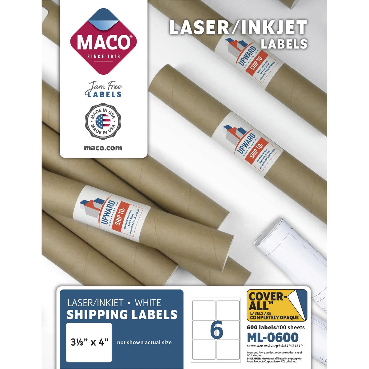 Maco Laser Printer White Shipping Labels - 3 21/64" Width x 4" Length - Rectangle - Laser, Inkjet - White - Lignin-free - 6 / Sheet - 600 / Box