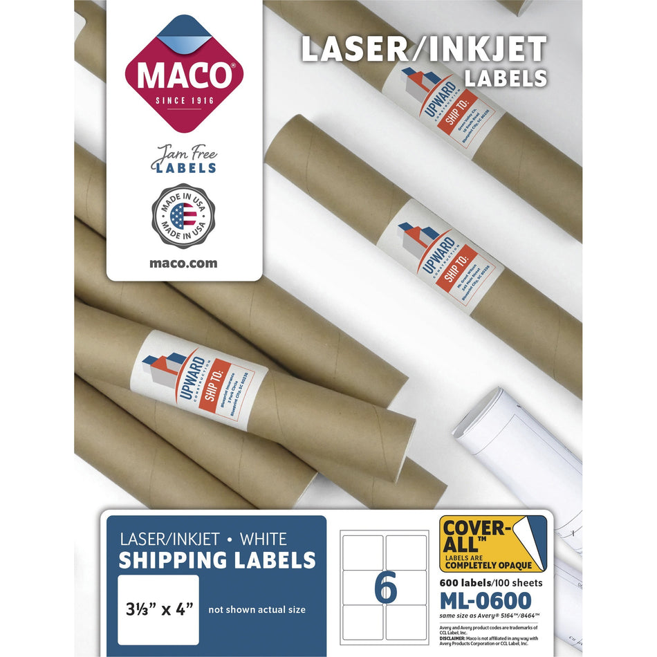Maco Laser Printer White Shipping Labels - 3 21/64" Width x 4" Length - Rectangle - Laser, Inkjet - White - Lignin-free - 6 / Sheet - 600 / Box