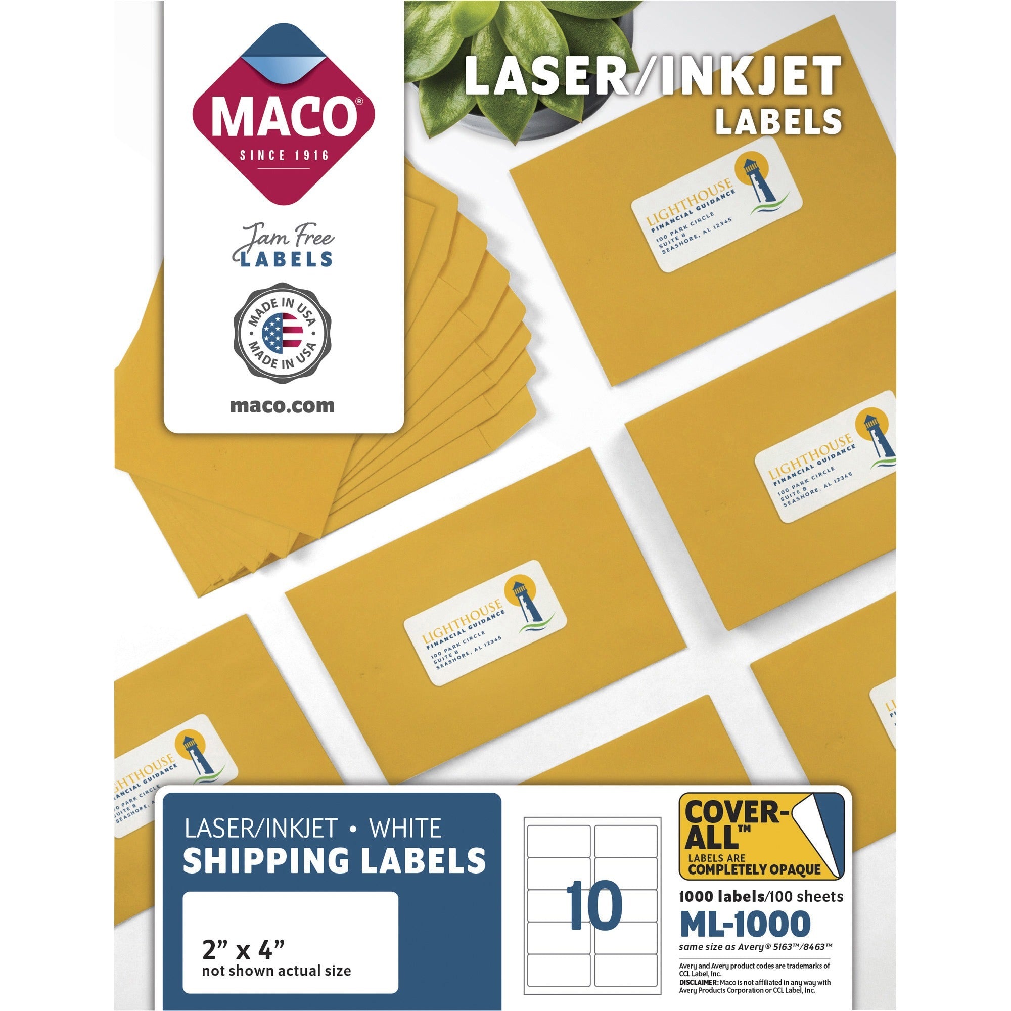 Maco Laser Printer White Shipping Labels - 2" Width x 4" Length - Rectangle - Laser, Inkjet - White - Lignin-free - 10 / Sheet - 1000 / Box