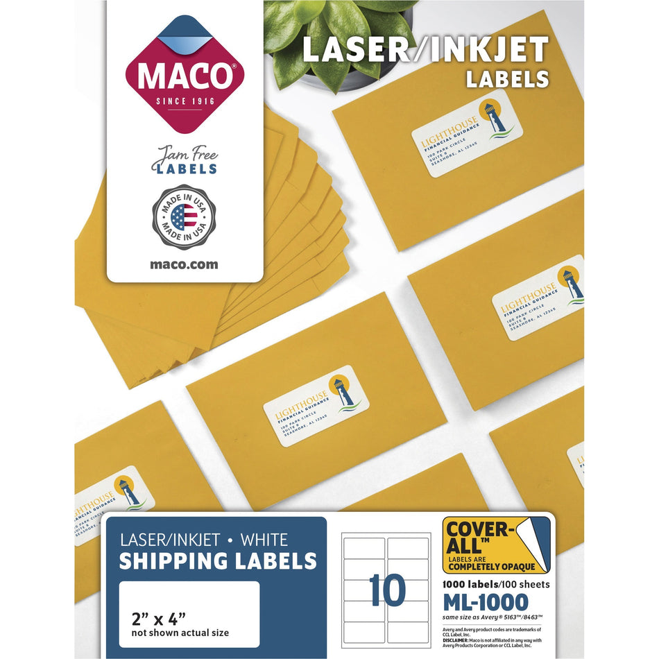 Maco Laser Printer White Shipping Labels - 2" Width x 4" Length - Rectangle - Laser, Inkjet - White - Lignin-free - 10 / Sheet - 1000 / Box