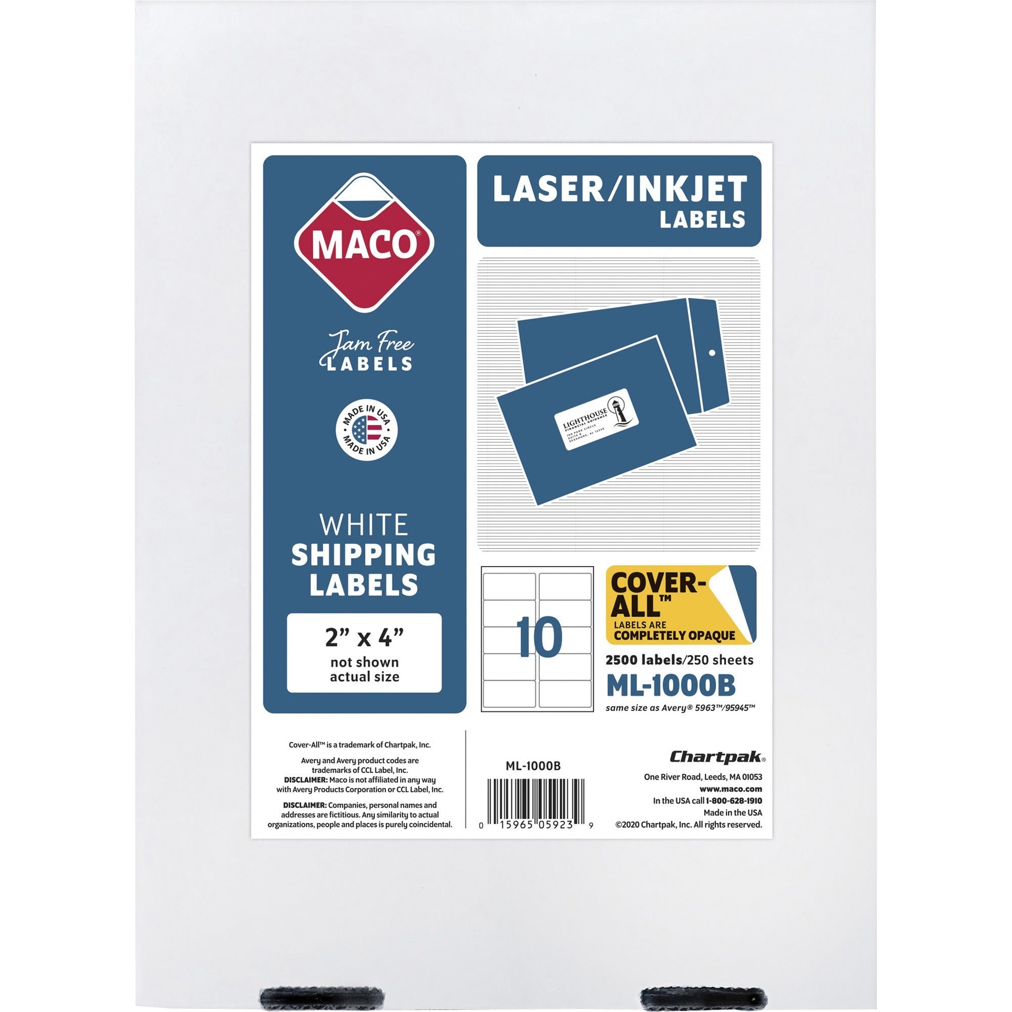 Maco Laser Printer White Shipping Labels - 2" Width x 4" Length - Permanent Adhesive - Rectangle - Laser, Inkjet - White - Lignin-free - 10 / Sheet - 2500 / Box