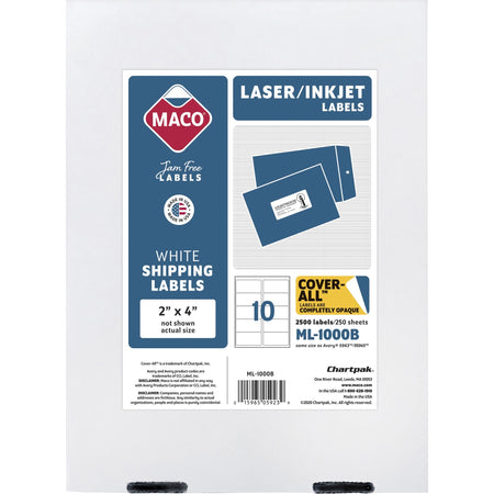 Maco Laser Printer White Shipping Labels - 2" Width x 4" Length - Permanent Adhesive - Rectangle - Laser, Inkjet - White - Lignin-free - 10 / Sheet - 2500 / Box