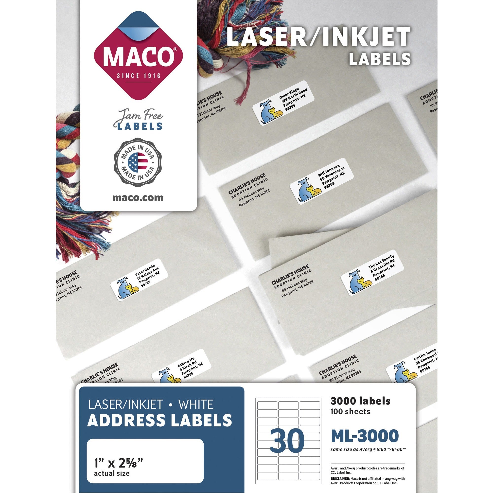 Maco Multipurpose Self-Adhesive Mailing Labels - 1" Width x 2 5/8" Length - Permanent Adhesive - Rectangle - Laser, Inkjet - White - Lignin-free - 30 / Sheet - 3000 / Box