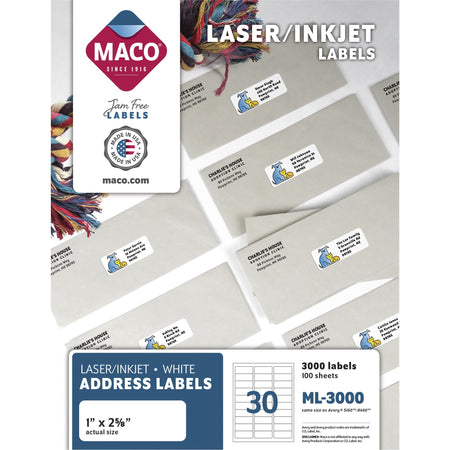 Maco Multipurpose Self-Adhesive Mailing Labels - 1" Width x 2 5/8" Length - Permanent Adhesive - Rectangle - Laser, Inkjet - White - Lignin-free - 30 / Sheet - 3000 / Box