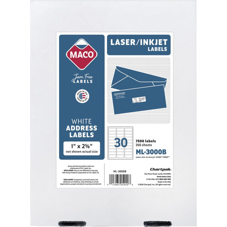 Maco Multipurpose Self-Adhesive Mailing Labels - 1" Width x 2 5/8" Length - Permanent Adhesive - Rectangle - Laser, Inkjet - White - Lignin-free - 30 / Sheet - 7500 / Box