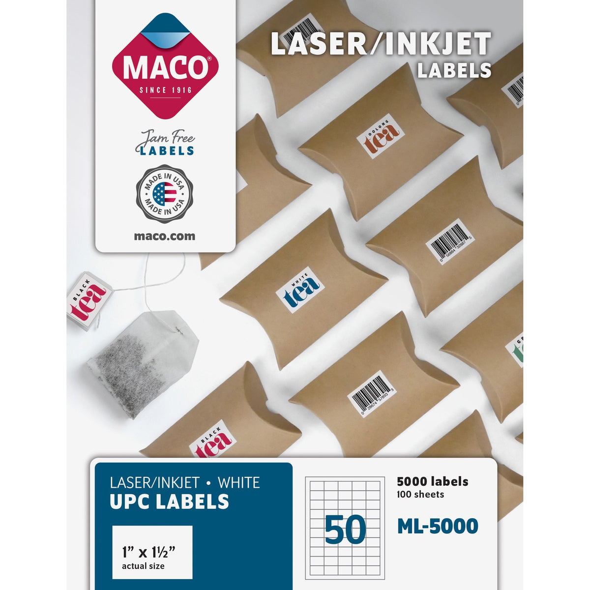 Maco White UPC Labels - 1" Width x 1 1/2" Length - Permanent Adhesive - Rectangle - Laser, Inkjet - White - Lignin-free - 50 / Sheet - 5000 / Box