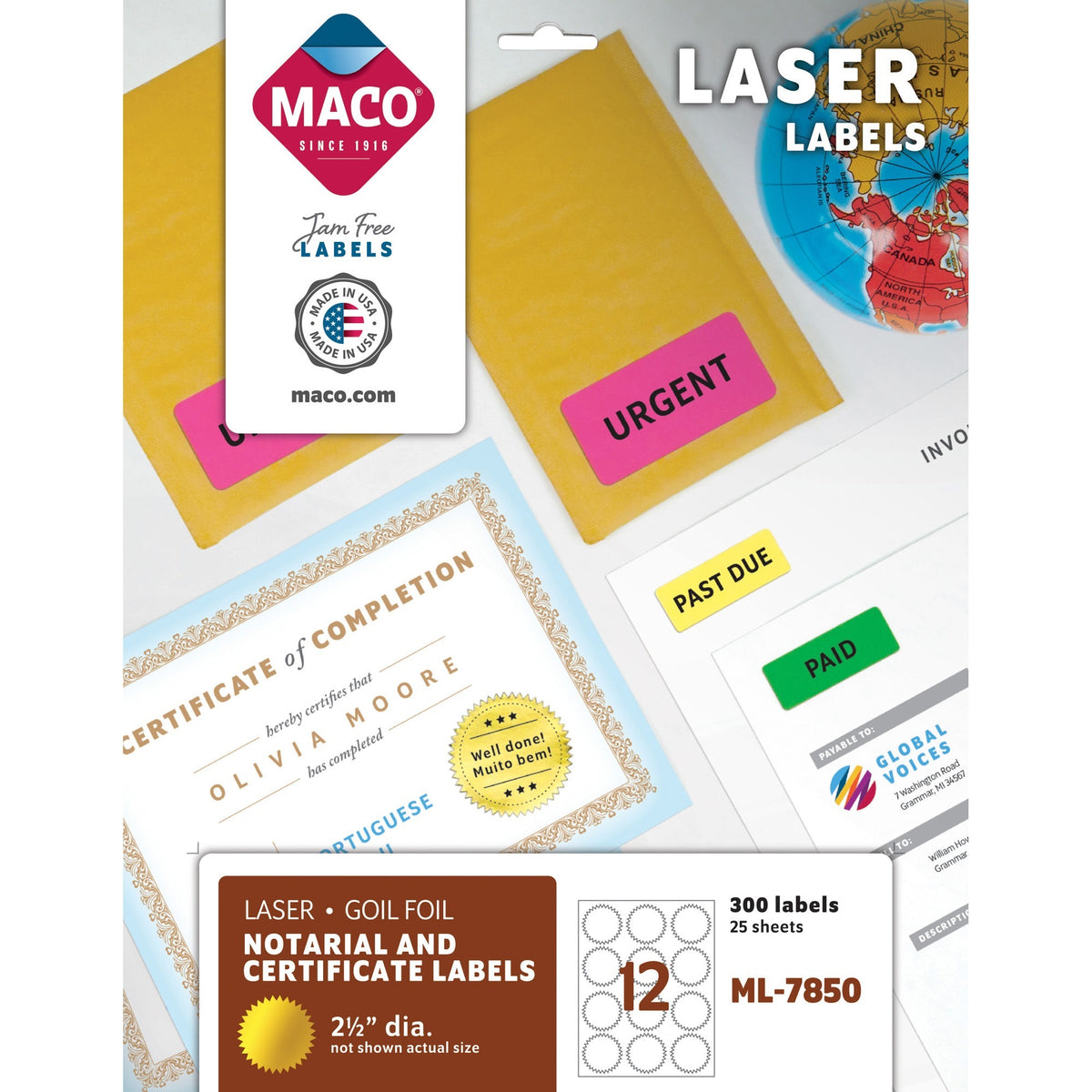 Maco Round Gold Foil Laser Labels - Round - 2.50" Diameter - Self-adhesive, Permanent - Gold - 300 / Pack