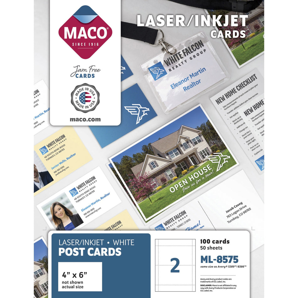 Maco 2-Up Laser/Inkjet Post Cards - 6" x 4" - Micro Perforated - White - 100 / Box