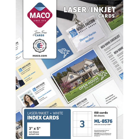 Maco Laser/Inkjet 5"x3" Cards - 5" x 3" - Micro Perforated - White - 150 / Box