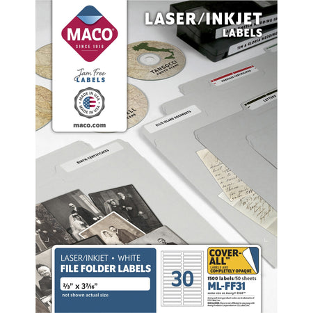 Maco Assorted Laser/Inkjet File Folder Labels - 43/64" Width x 3 7/16" Length - Permanent Adhesive - Inkjet, Inkjet - White - 30 / Sheet - 1500 / Box