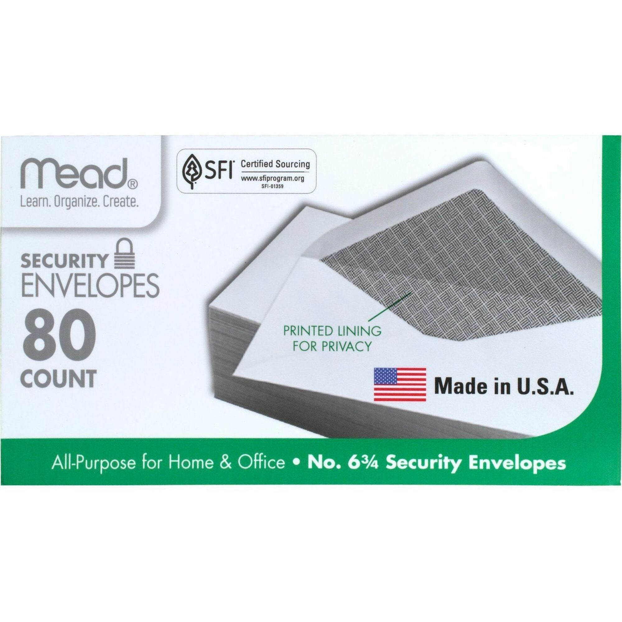 Mead White Security Envelopes - Security - #6 3/4 - 6 1/2" Width x 3 5/8" Length - 20 lb - Gummed - White - Wove - 80 / Box