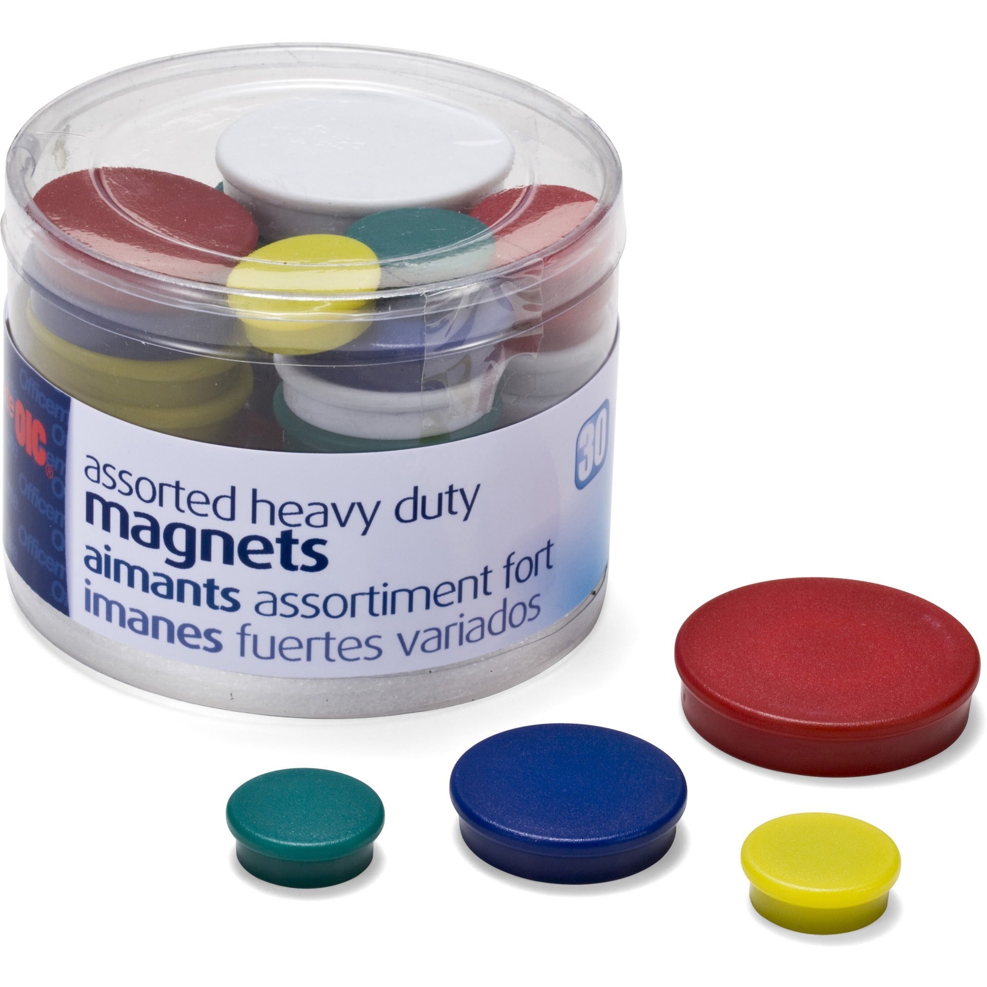 Officemate Heavy-Duty Assorted Magnets - 12 x Small, 12 x Medium, 6 x Large - 1 Each - Red, Yellow, White, Blue, Green