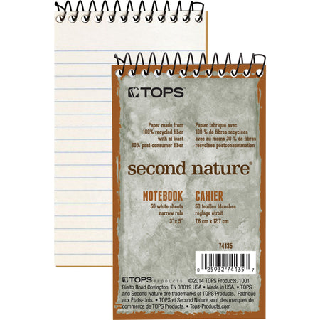 TOPS Second Nature Narrow Ruled Notebooks - 50 Sheets - Spiral - 3" x 5" Sheet Size - White Paper - Recycled - 1 Each