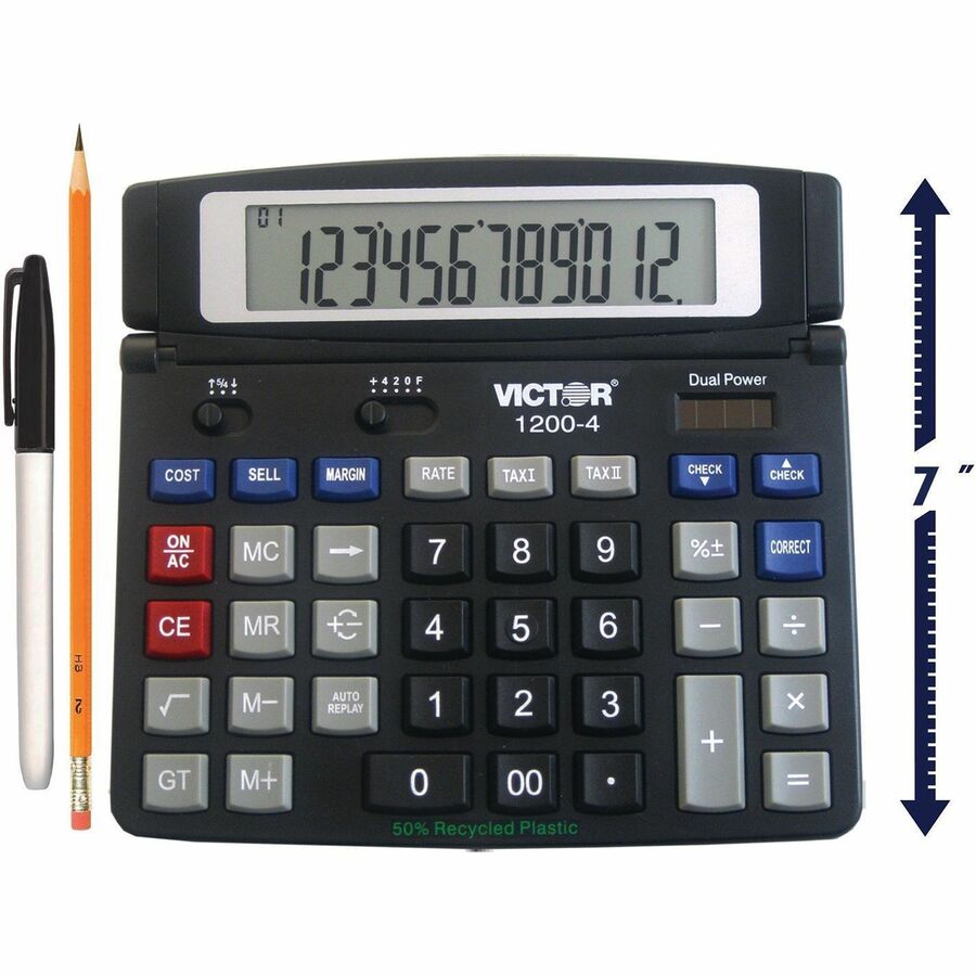 Victor 12004 Desktop Calculator - Auto Power Off, Big Display, Auto Replay, Easy-to-read Display, Dual Power - 12 Digits - LCD - Battery/Solar Powered - 0.5" Height x 7.2" Width x 6.4" Depth - Black - 1 Each