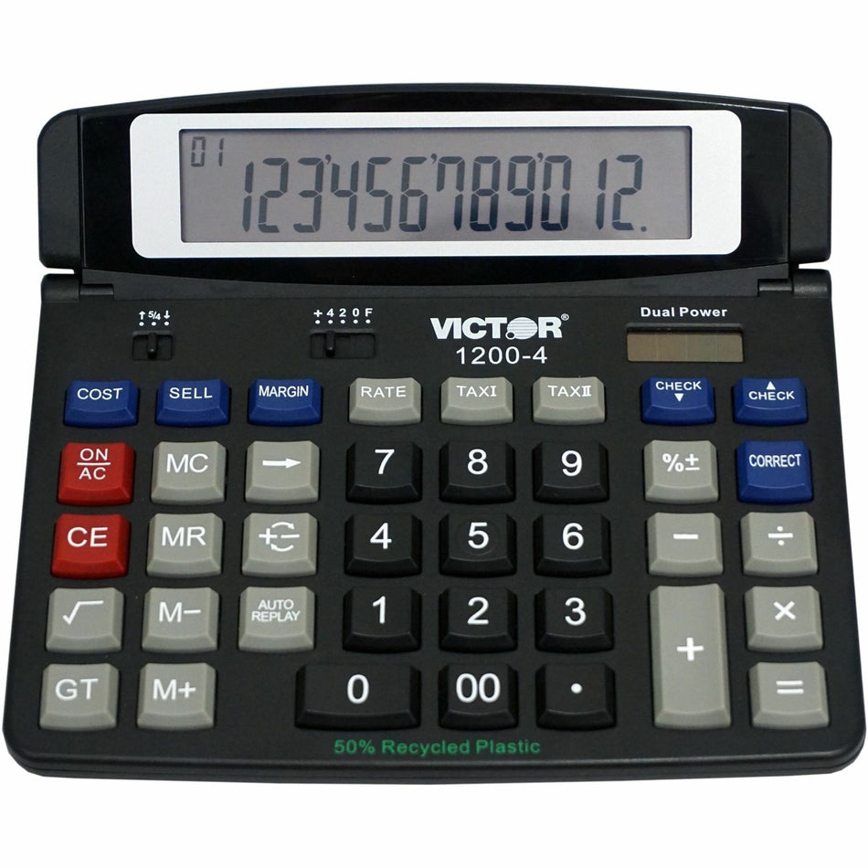 Victor 12004 Desktop Calculator - Auto Power Off, Big Display, Auto Replay, Easy-to-read Display, Dual Power - 12 Digits - LCD - Battery/Solar Powered - 0.5" Height x 7.2" Width x 6.4" Depth - Black - 1 Each