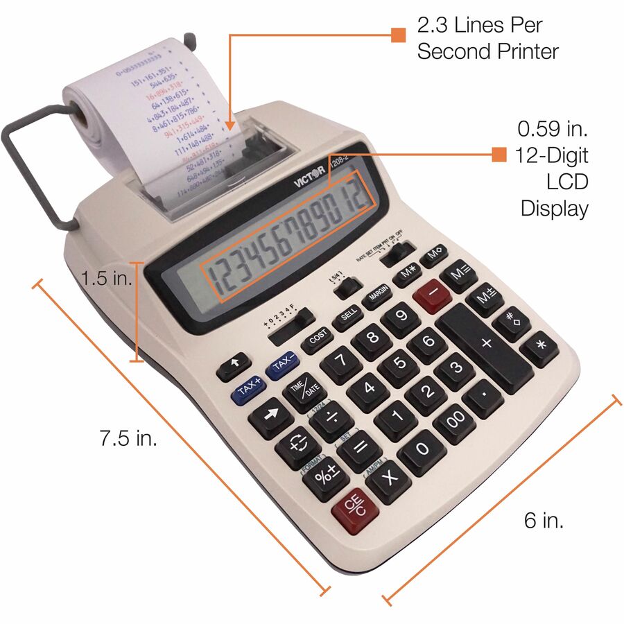 Victor 12082 Printing Calculator - Extra Large Display, Clock, Date, Sign Change, Environmentally Friendly, Independent Memory, 4-Key Memory - AC Supply/Power Adapter Powered - 1.5" Height x 6" Width x 7.5" Depth - White - 1 Each