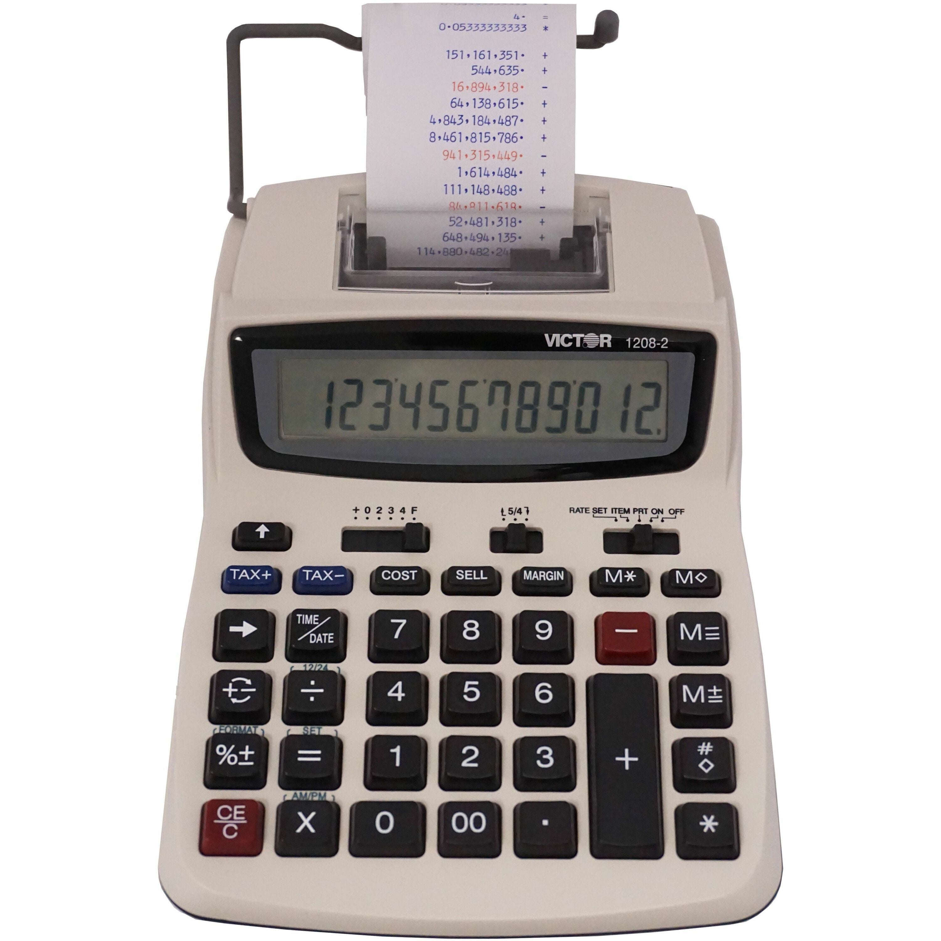 Victor 12082 Printing Calculator - Extra Large Display, Clock, Date, Sign Change, Environmentally Friendly, Independent Memory, 4-Key Memory - AC Supply/Power Adapter Powered - 1.5" Height x 6" Width x 7.5" Depth - White - 1 Each
