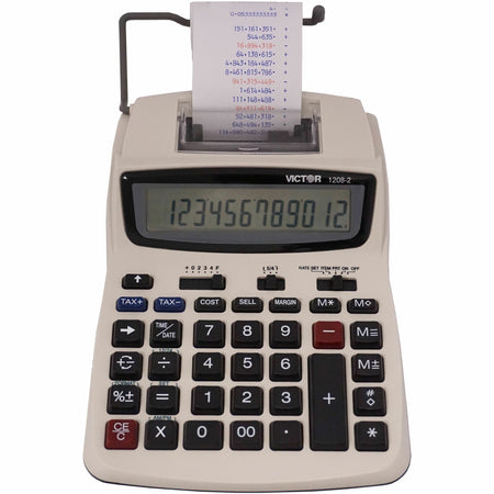 Victor 12082 Printing Calculator - Extra Large Display, Clock, Date, Sign Change, Environmentally Friendly, Independent Memory, 4-Key Memory - AC Supply/Power Adapter Powered - 1.5" Height x 6" Width x 7.5" Depth - White - 1 Each