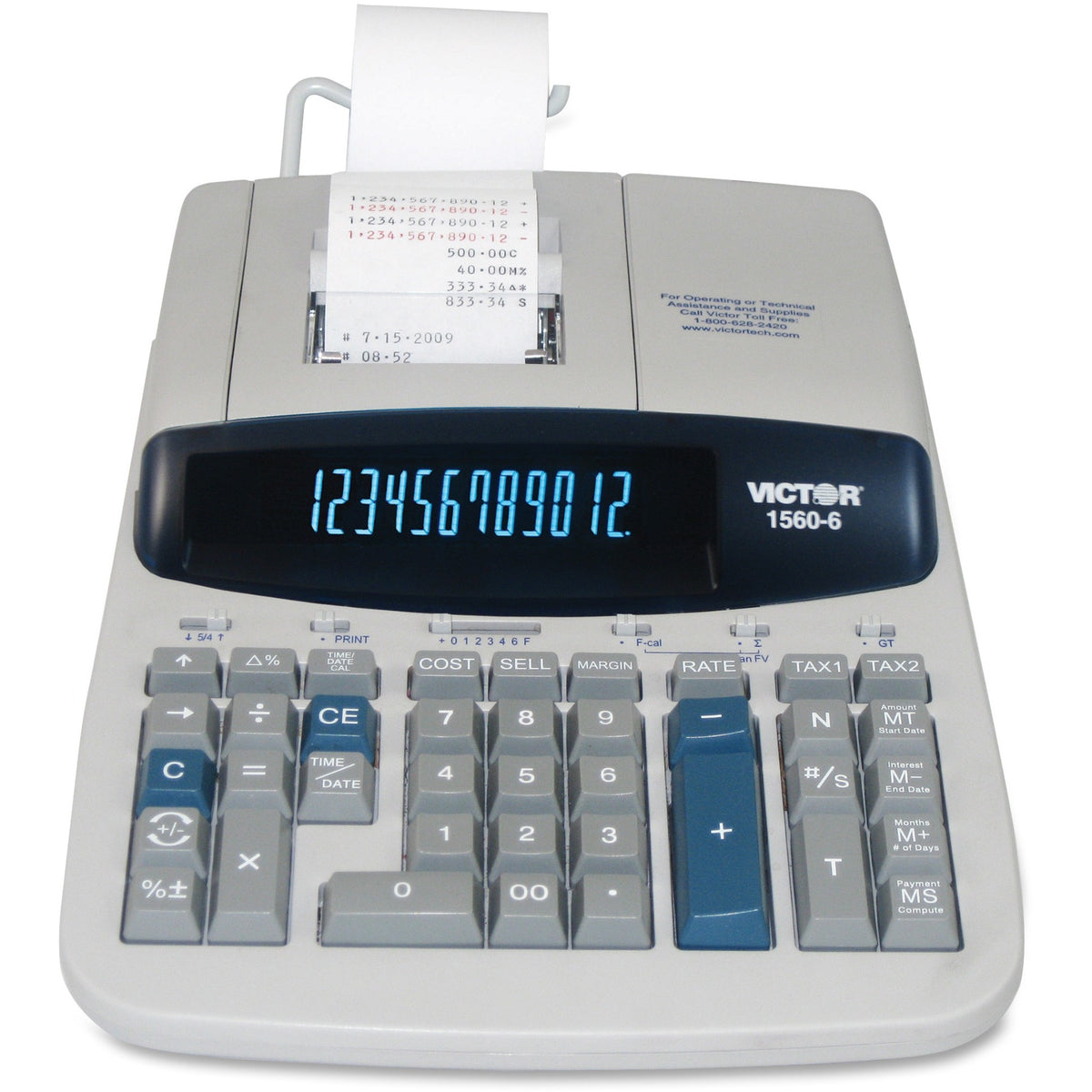Victor 15606 Printing Calculator - Clock, Date, Big Display, Independent Memory, Durable, Heavy Duty, Sign Change, Item Count, 4-Key Memory - AC Supply Powered - 2.8" Height x 8.8" Width x 12.5" Depth - Gray - 1 Each
