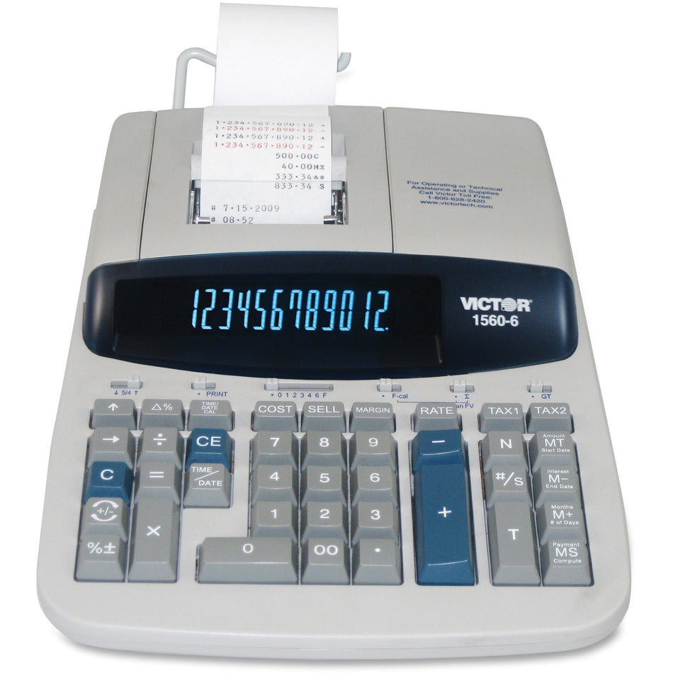 Victor 15606 Printing Calculator - Clock, Date, Big Display, Independent Memory, Durable, Heavy Duty, Sign Change, Item Count, 4-Key Memory - AC Supply Powered - 2.8" Height x 8.8" Width x 12.5" Depth - Gray - 1 Each