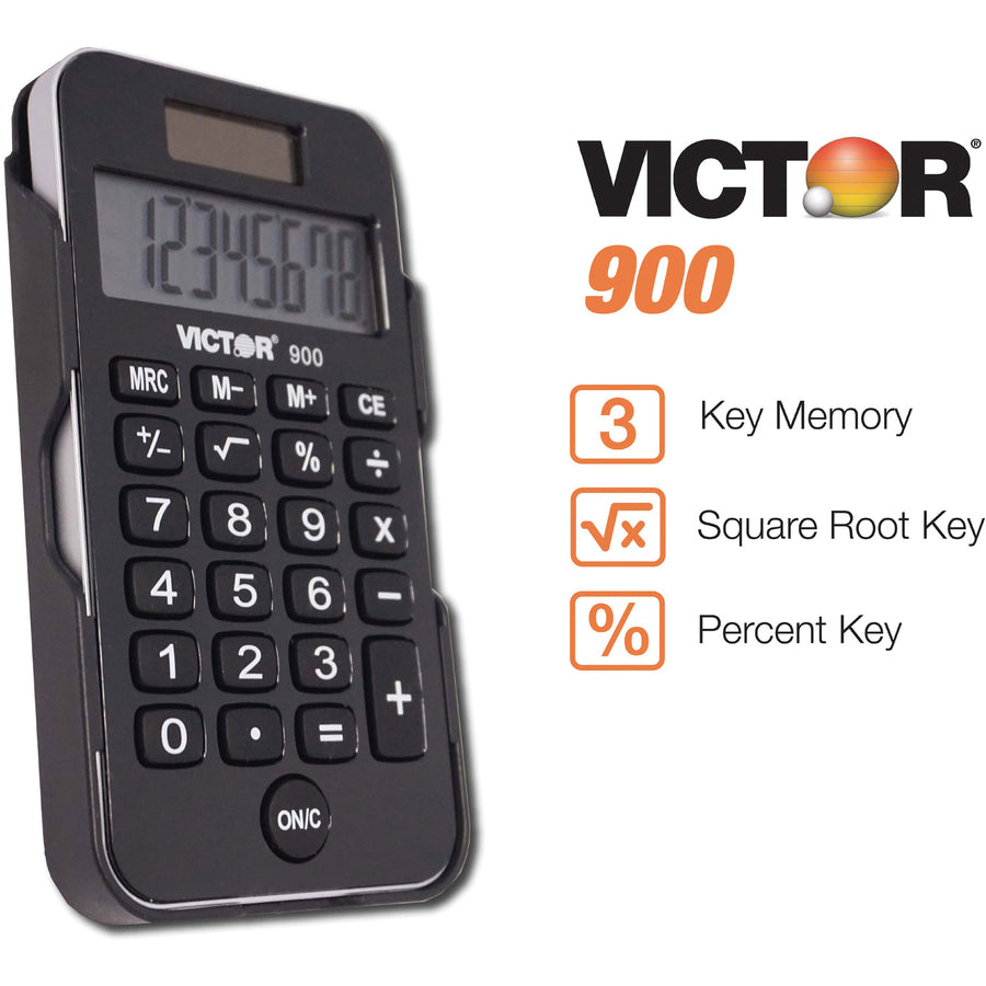 Victor 900 Handheld Calculator - Protective Hard Shell Cover, Big Display, Independent Memory, Dual Power - 0.55" - 8 Digits - LCD - Battery/Solar Powered - 0.3" Height x 2.5" Width x 4.3" Depth - Black - Rubber - 1 Each
