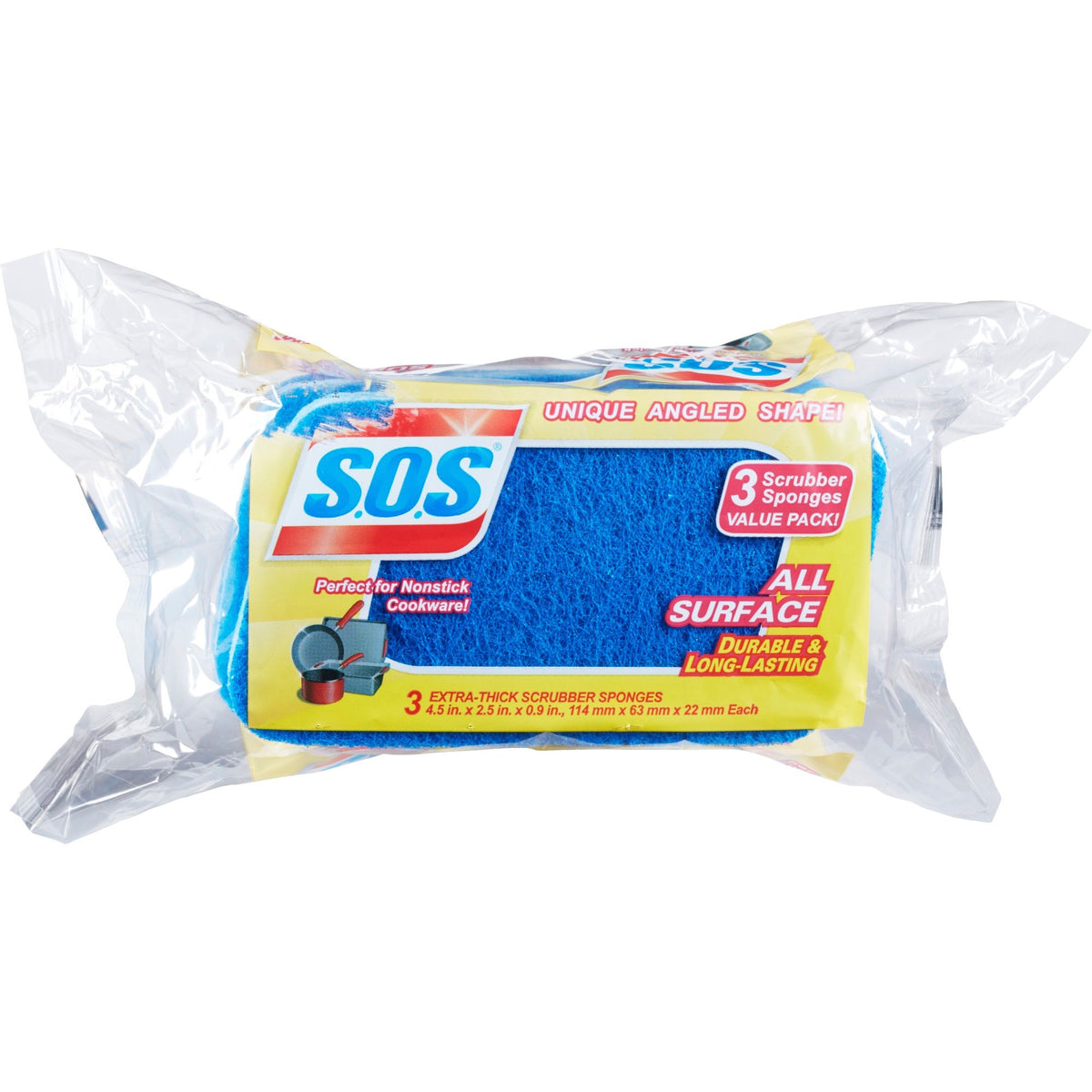 S.O.S All Surface Scrubber Sponges - 5.3" Height x 3" Width x 0.9" Depth - 3 / Pack - Cellulose - Blue