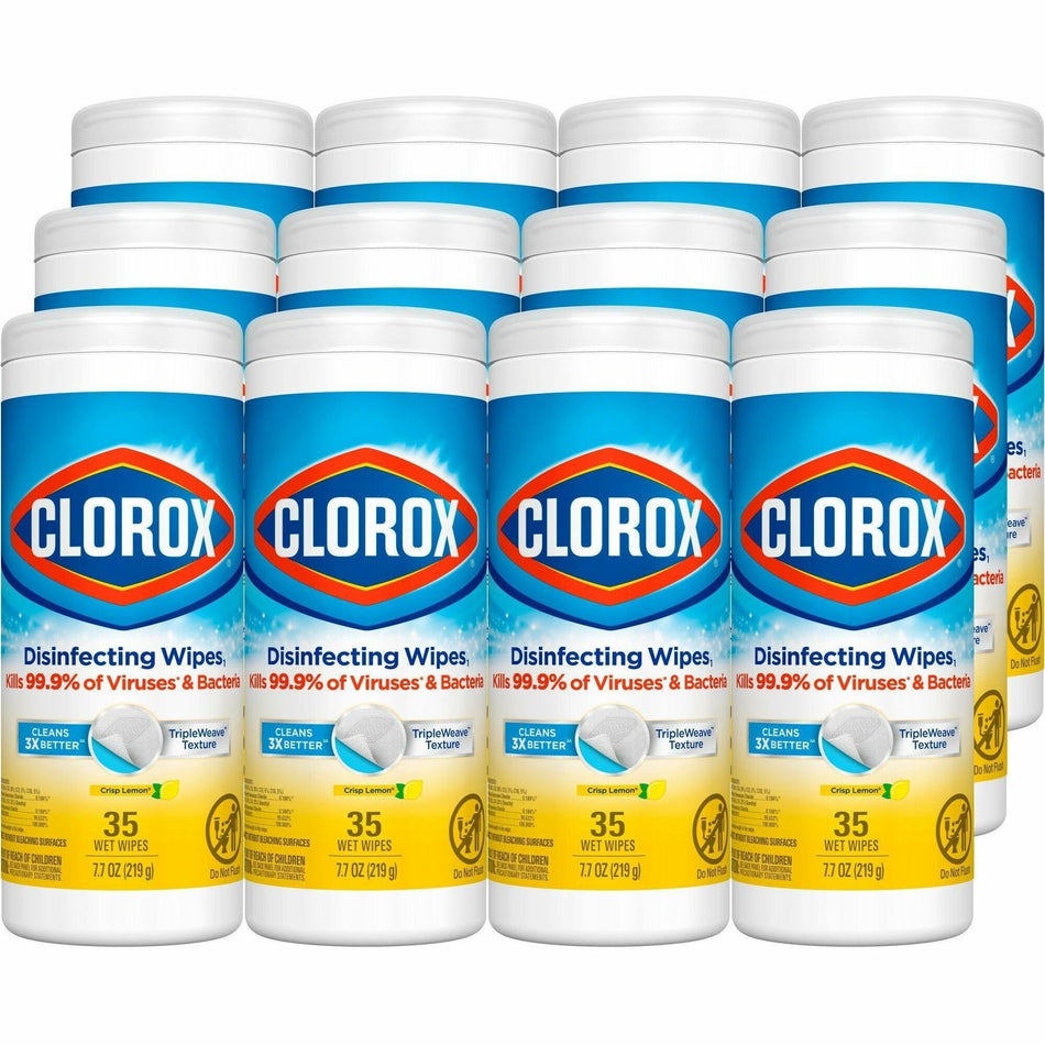 Clorox Disinfecting Cleaning Wipes - Ready-To-Use - Crisp Lemon Scent - 7" Length x 8" Width - Pleasant Scent, Disinfectant, Pre-moistened, Bleach-free - Yellow - 35/Tub - 12 / Carton