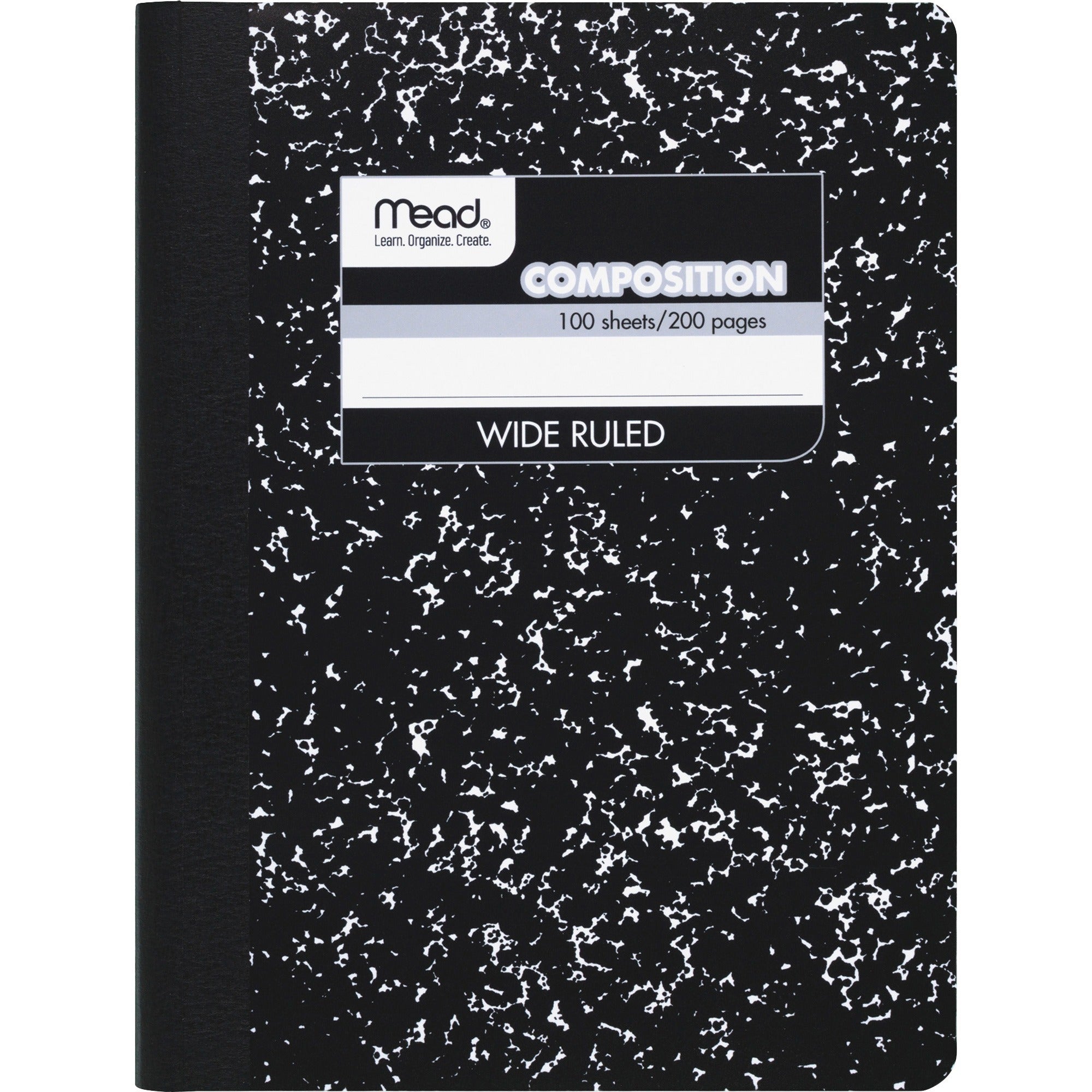 Mead Wide Ruled Composition Notebook - 100 Sheets - Sewn - 7 1/2" x 9 3/4" Sheet Size - White Paper - Black Marble Cover - 1 Each