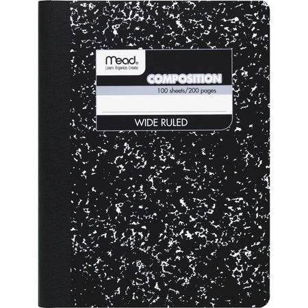 Mead Wide Ruled Composition Notebook - 100 Sheets - Sewn - 7 1/2" x 9 3/4" Sheet Size - White Paper - Black Marble Cover - 1 Each
