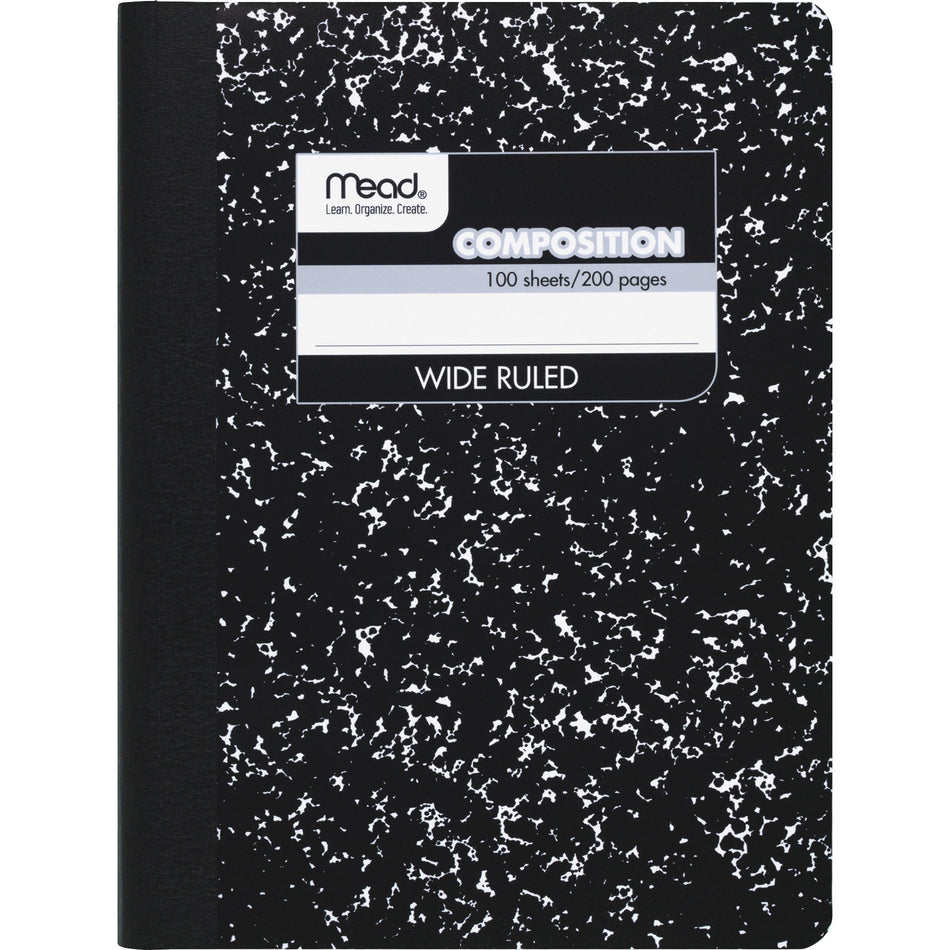 Mead Wide Ruled Composition Notebook - 100 Sheets - Sewn - 7 1/2" x 9 3/4" Sheet Size - White Paper - Black Marble Cover - 1 Each