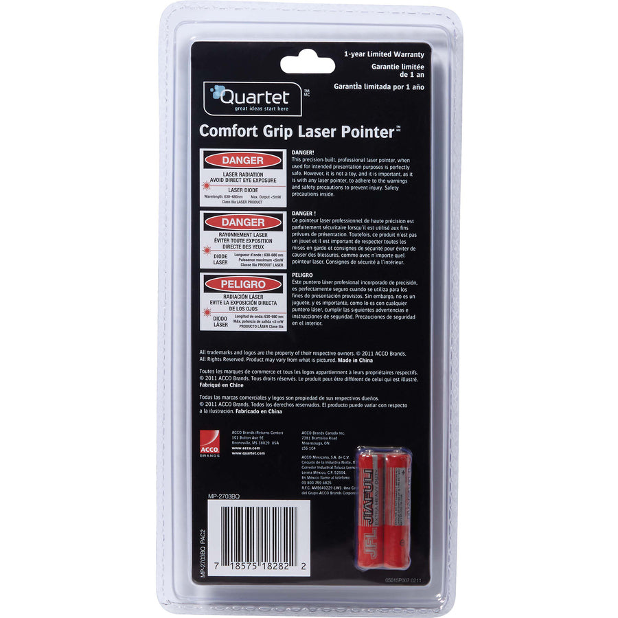 Quartet Classic Comfort Laser Pointer - Red Light - 919 ft Maximum Projection - Blue - 1 Each