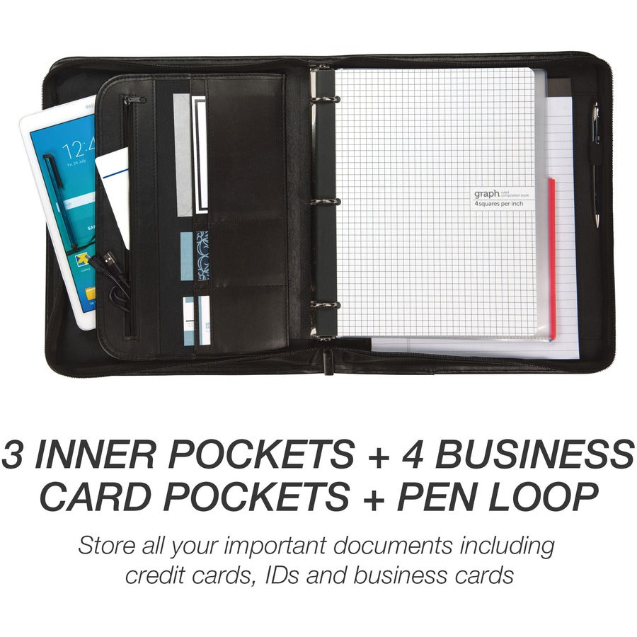 Samsill Letter Pad Folio - 8 1/2" x 11" - 3 Fastener(s) - 1" for Folder - 2 Exterior, Internal Pocket(s) - Vinyl, Metal - Black - Zipper Closure, Wrap-around - 1 Each
