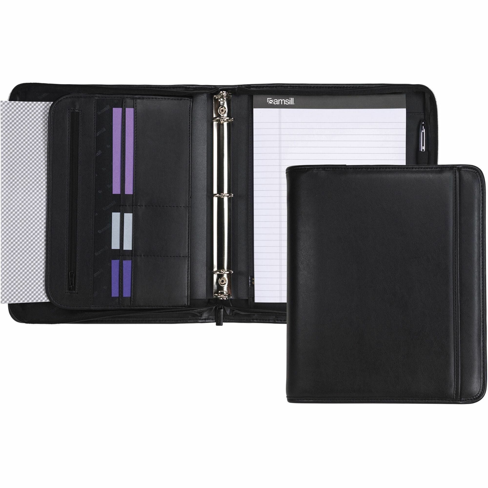 Samsill Letter Pad Folio - 8 1/2" x 11" - 3 Fastener(s) - 1" for Folder - 2 Exterior, Internal Pocket(s) - Vinyl, Metal - Black - Zipper Closure, Wrap-around - 1 Each