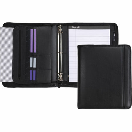 Samsill Letter Pad Folio - 8 1/2" x 11" - 3 Fastener(s) - 1" for Folder - 2 Exterior, Internal Pocket(s) - Vinyl, Metal - Black - Zipper Closure, Wrap-around - 1 Each