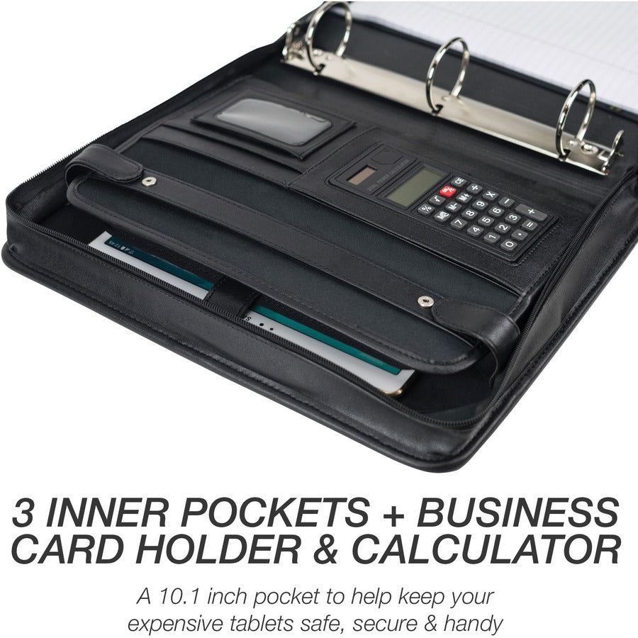 Samsill Letter Portfolio - 8 1/2" x 11" - 3 Fastener(s) - 2" for Folder - 2 Exterior, Internal Pocket(s) - Vinyl, Leather, Metal, Nappa Leather - Black - Corner, Zipper Closure, Handle, Wrap-around, Snap Closure - 1 Each