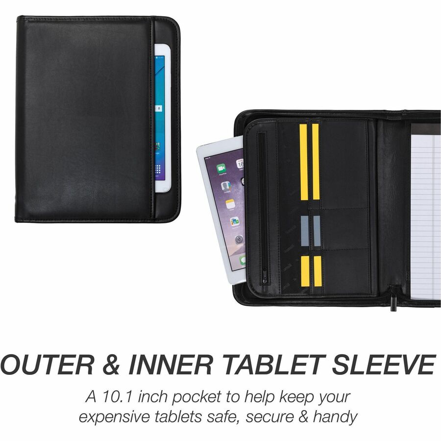 Samsill Letter Pad Folio - 8 1/2" x 11" - 6 Exterior, Internal Pocket(s) - Vinyl, Polyvinyl Chloride (PVC) - Black - Tablet Pocket, Zipper Closure, Wrap-around - 1 Each