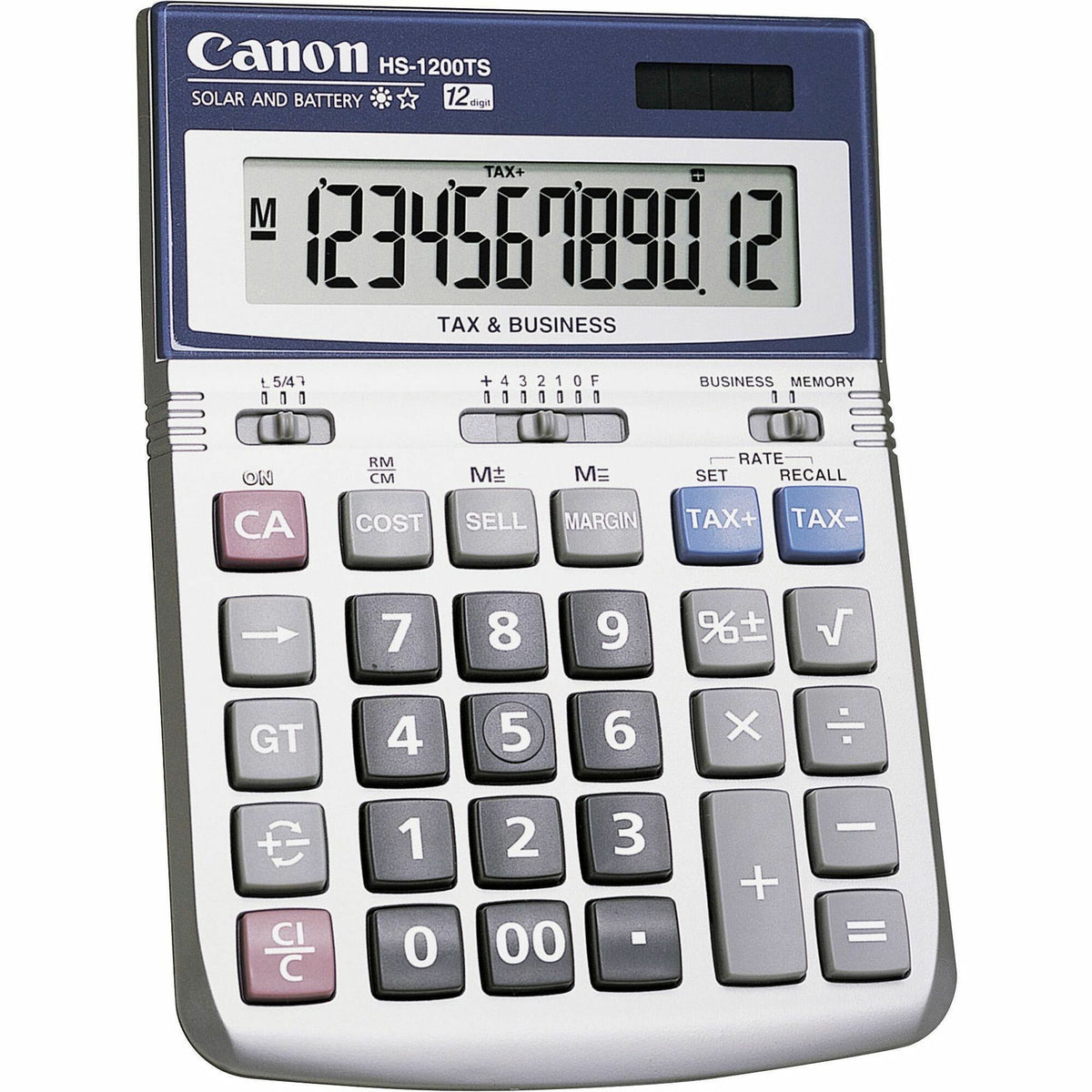 Canon HS-1200TS 12-Digit Angled Display Calculator - 12 Digits - LCD - Battery/Solar Powered - 1.4" Height x 4.8" Width x 6.7" Depth - Black, White - 1 Each