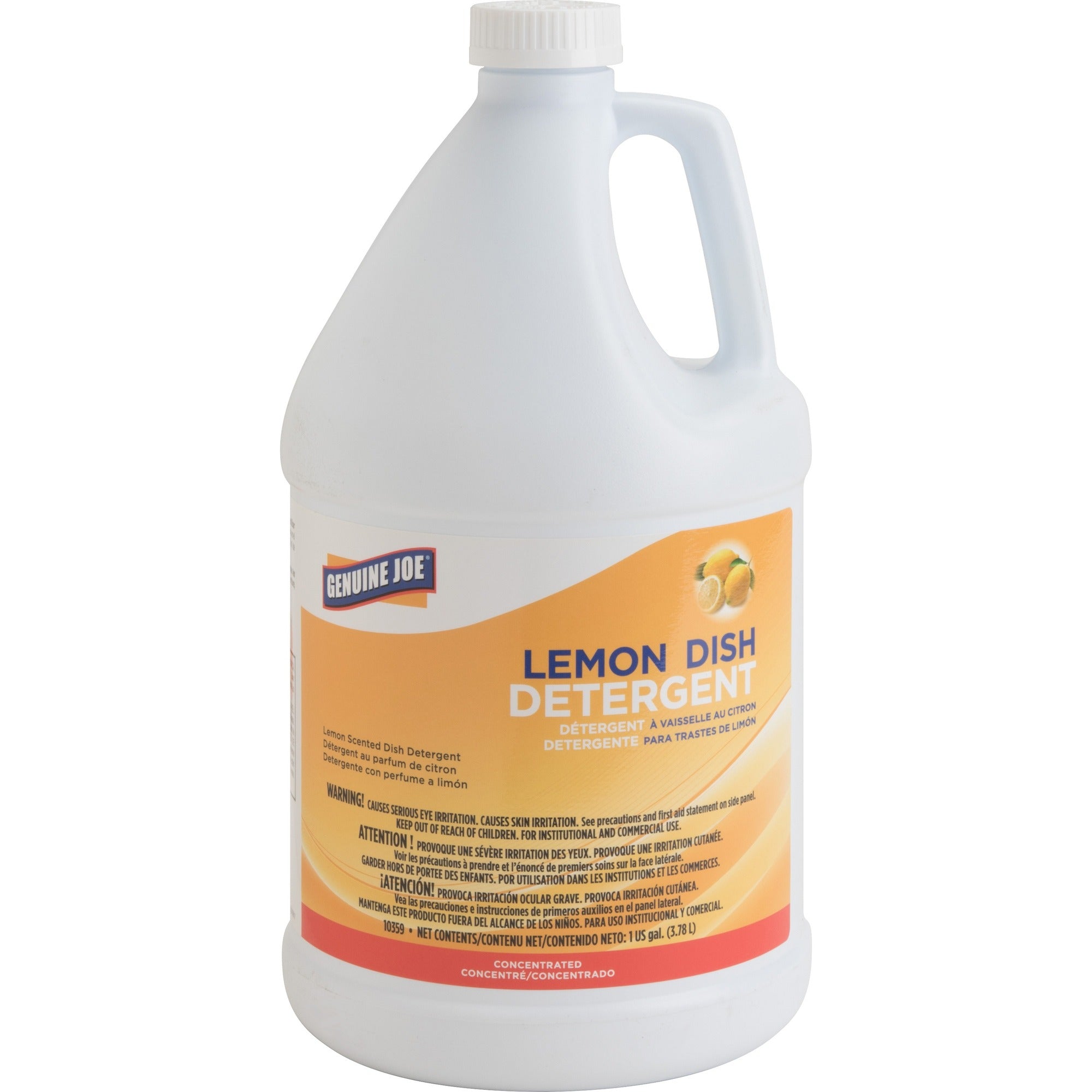 Genuine Joe Lemon Dish Detergent Gallon - 128 fl oz (4 quart) - Lemon Scent - Recommended For: Grease Remover - Pleasant Scent, Refillable, Strong, Long Lasting, Film-free - White - 1 Each