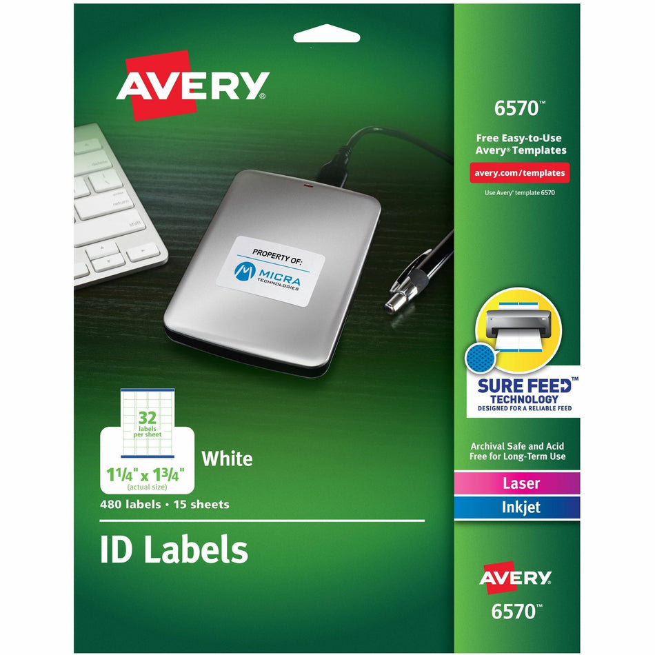 Avery®  Laser Inkjet Printer Permanent ID Labels - 1 1/4" Width x 1 3/4" Length - Permanent Adhesive - Rectangle - Inkjet, Laser - White - Paper - 32 / Sheet - 15 Total Sheets - 480 Total Label(s) - 480 / Pack