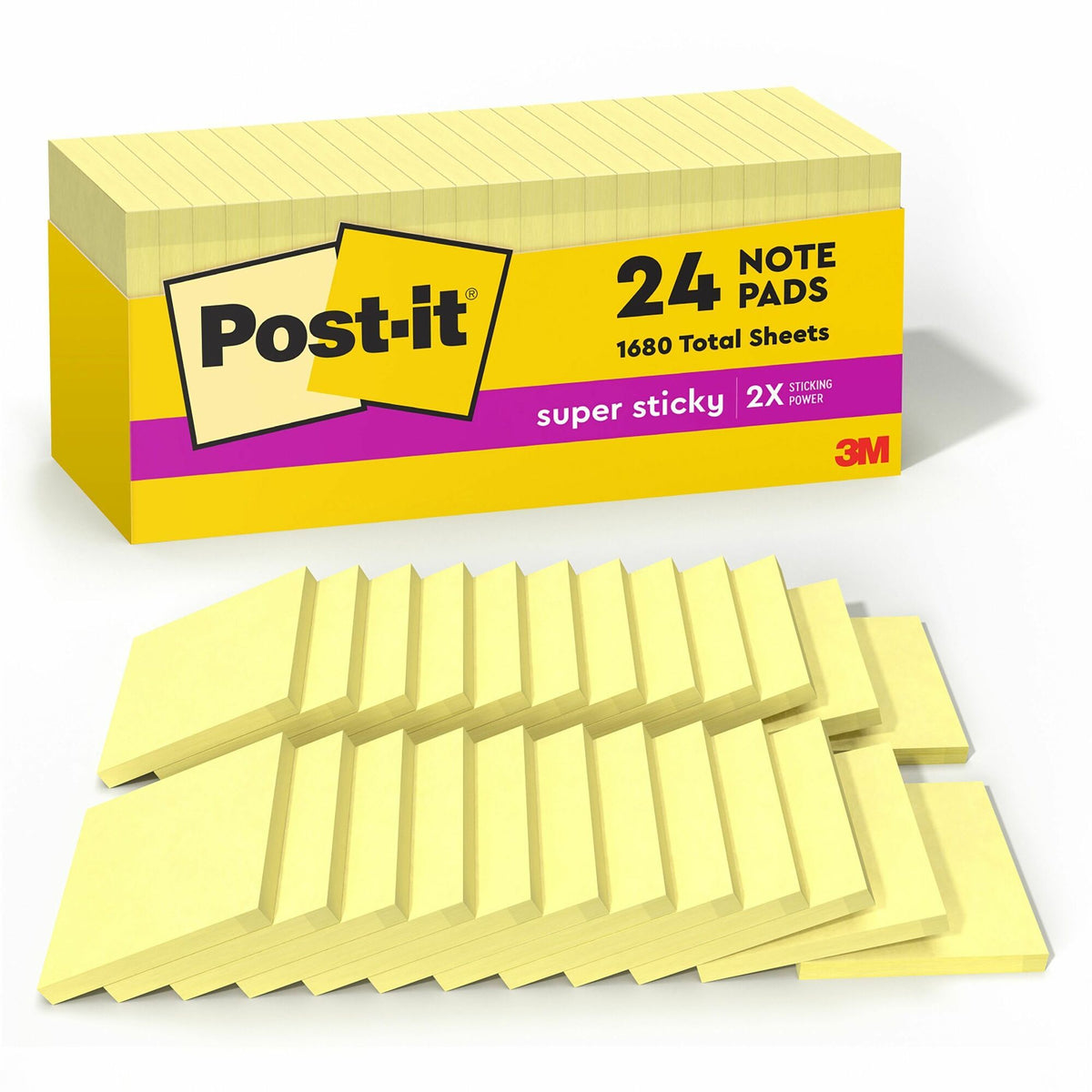 Post-it® Super Sticky Notes - 1680 - 3" Flag/Note Width x 3" Flag/Note Length - Square - 70 Sheets per Pad - Unruled - Yellow - Paper - Self-adhesive, Repositionable - 24 / Pack