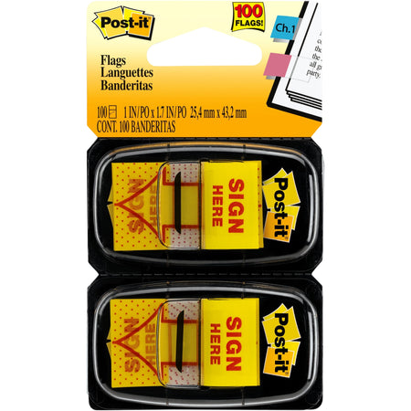 Post-it®  Message Flags - 100 x Yellow - 1" Flag/Note Width x 1 3/4" Flag/Note Length - Arrow, Rectangle - Unruled - SIGN HERE - Yellow - Removable, Self-adhesive - Dispenser Included - 100 / Pack