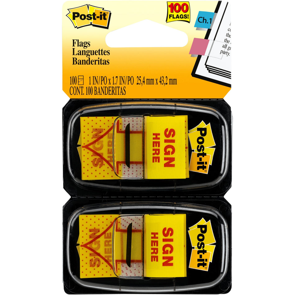 Post-it®  Message Flags - 100 x Yellow - 1" Flag/Note Width x 1 3/4" Flag/Note Length - Arrow, Rectangle - Unruled - SIGN HERE - Yellow - Removable, Self-adhesive - Dispenser Included - 100 / Pack