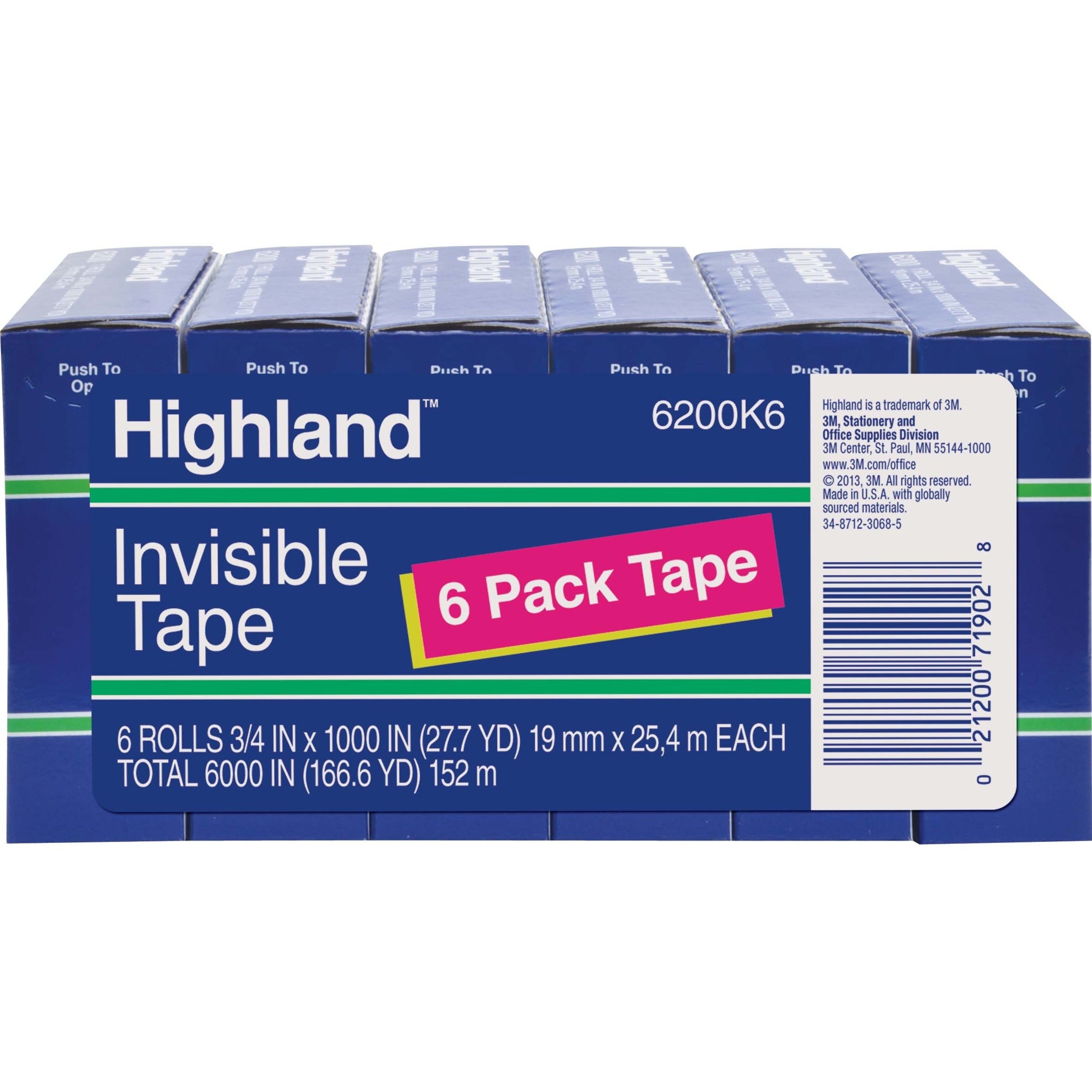 Highland 3/4"W Matte-finish Invisible Tape - 27.78 yd Length x 0.75" Width - 1" Core - Matte - Clear - For Mending, Holding, Splicing - 6 / Pack